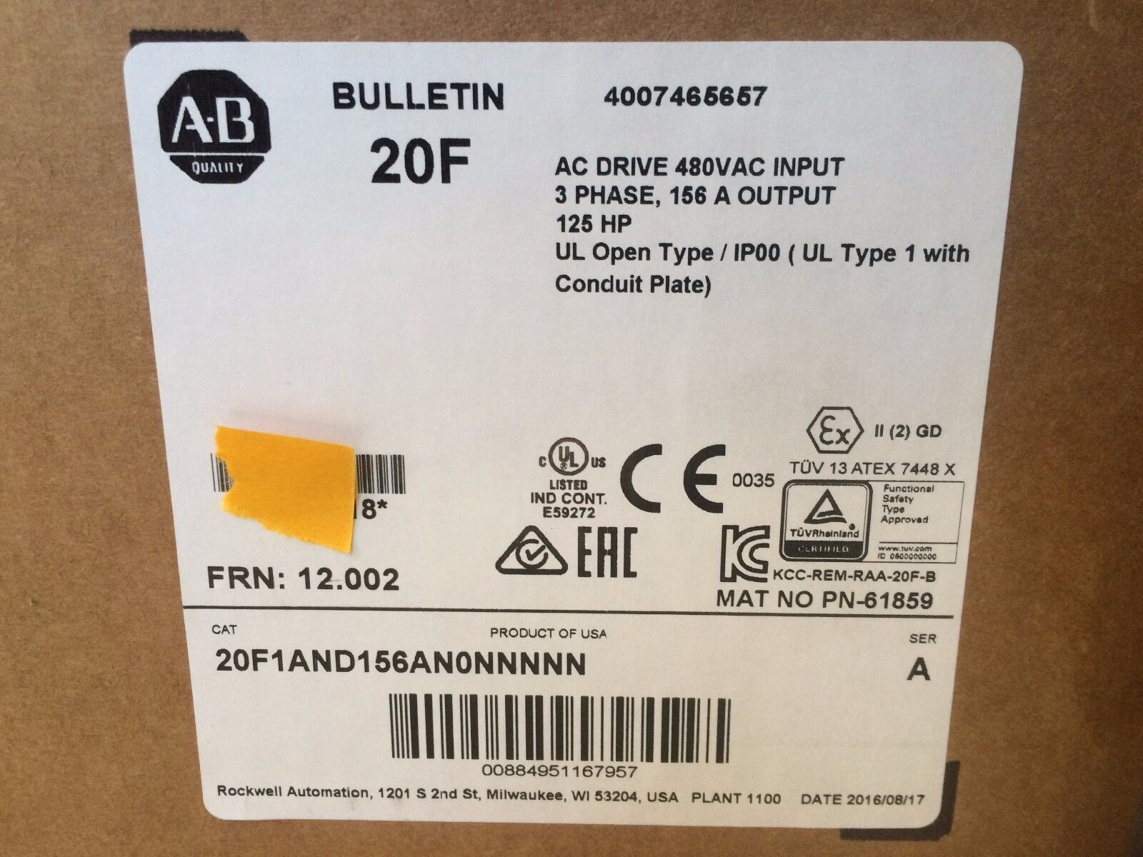 New Allen Bradley PowerFlex 753 VFD Drive 20F1AND156AN0NNNNN