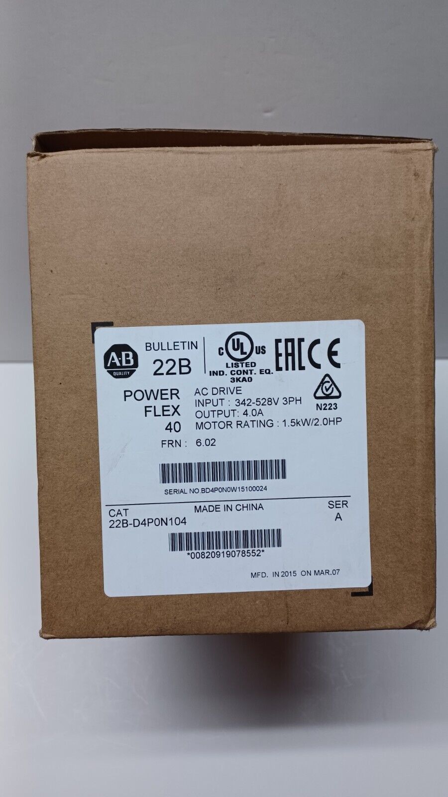 Allen-Bradley 22B-D4P0N104 PowerFlex 40 AC Drive 380V 1.5KW VFD
