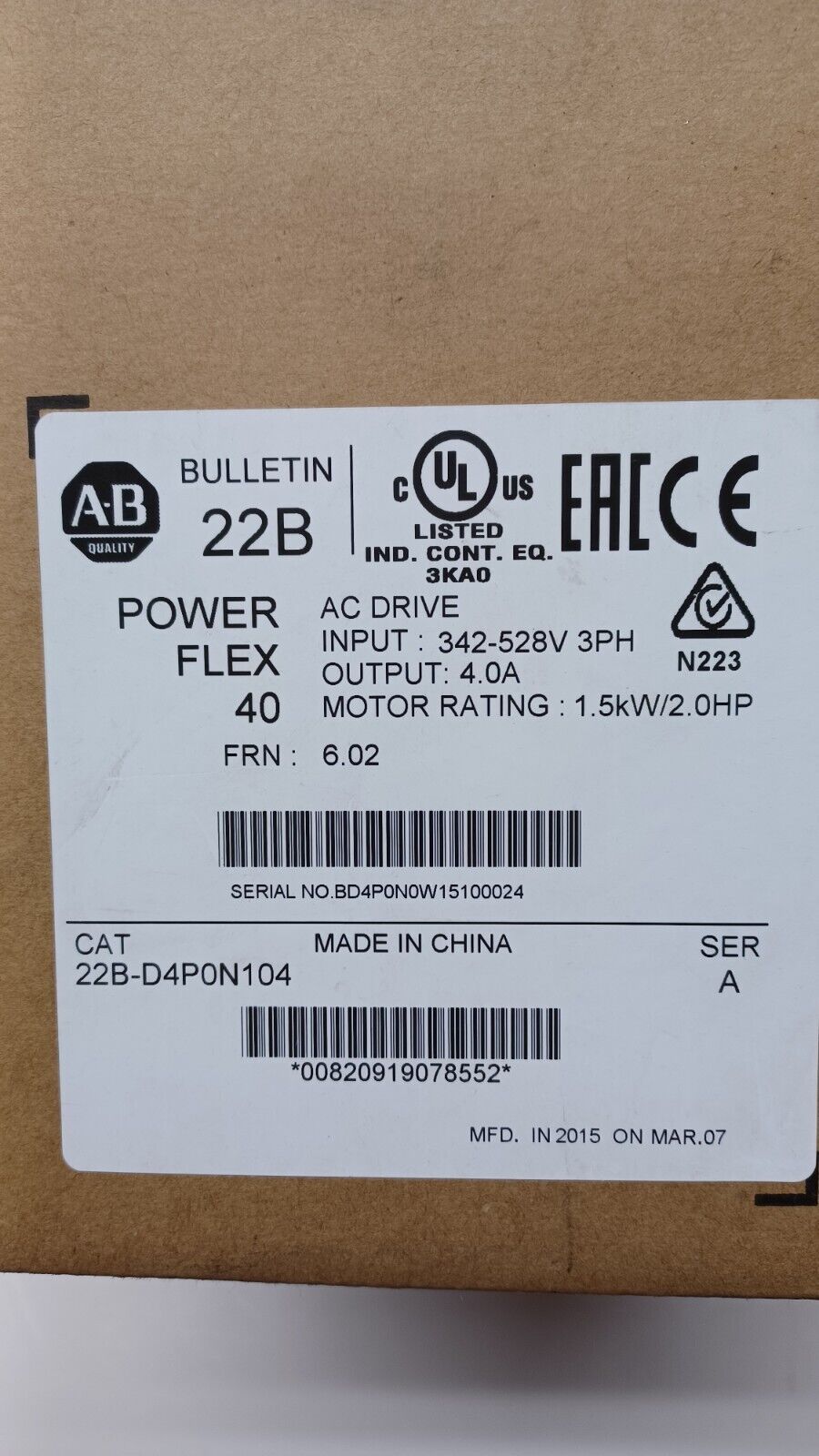 Allen-Bradley 22B-D4P0N104 PowerFlex 40 AC Drive 380V 1.5KW VFD